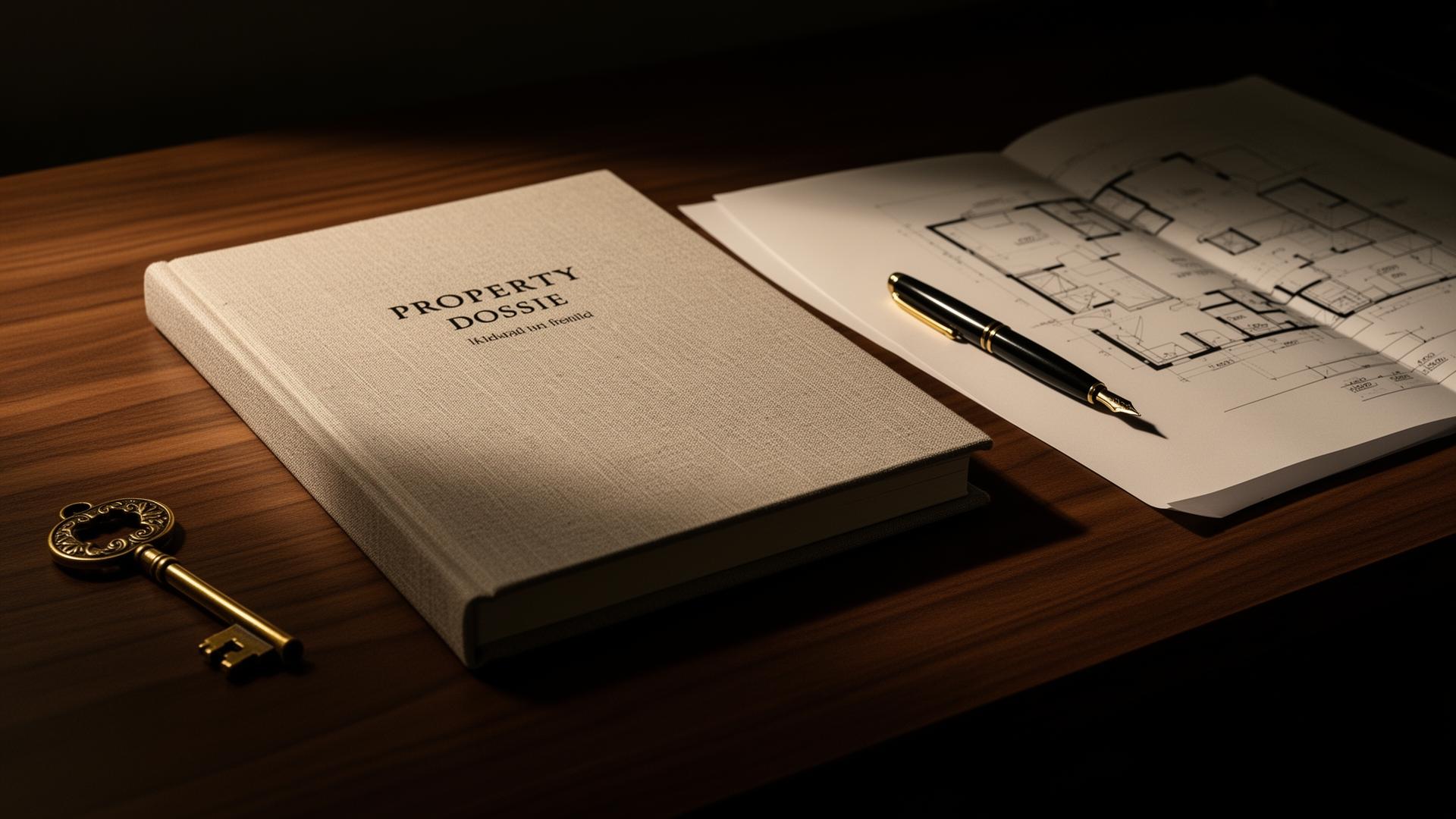 A property dossier opened beside a brass key and floor plans