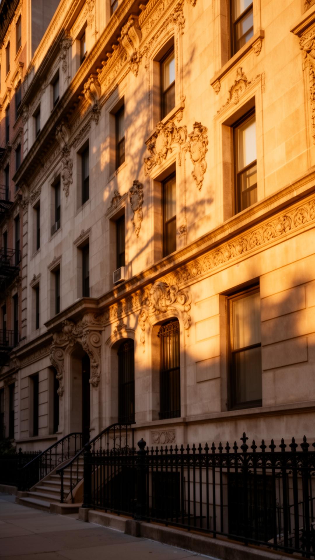 Limestone townhouse facade at golden hour